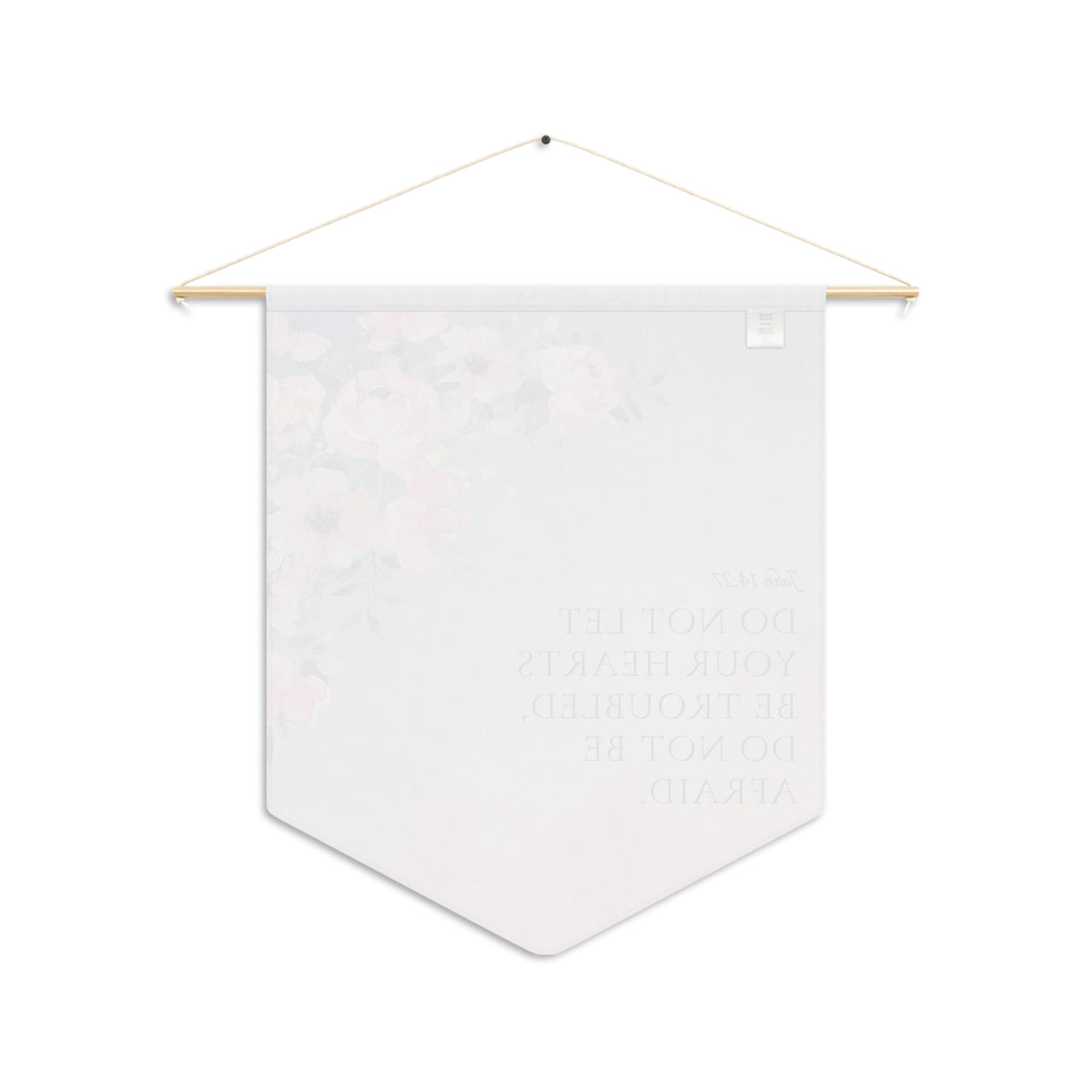 Back of the John 14:27 wall pennant, with the print showing faintly through the white fabric