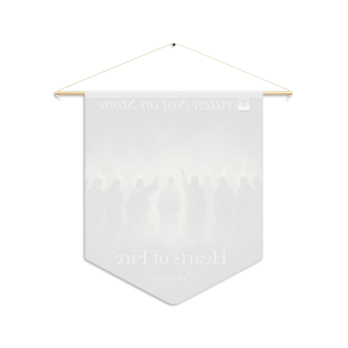 Back of the Hearts of Fire wall pennant, with the print showing faintly through the white fabric