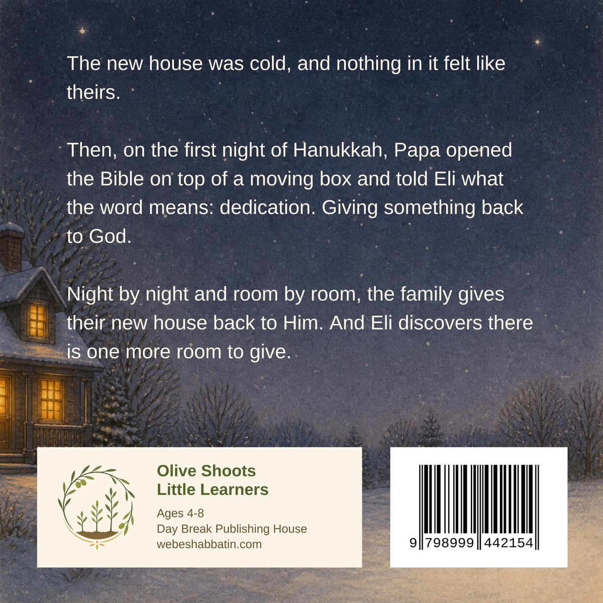 Back cover of The House We Gave Back with the story summary and the Olive Shoots Little Learners logo