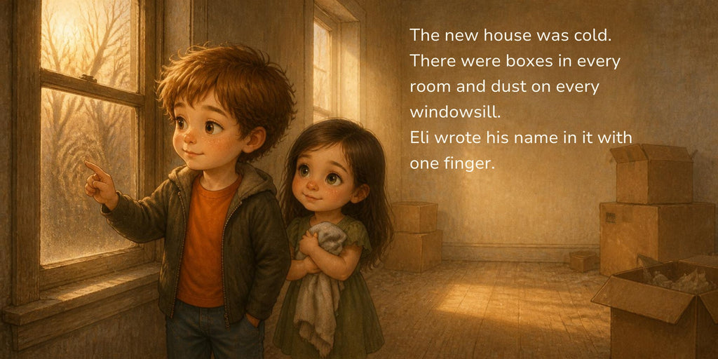 Inside The House We Gave Back: Eli writes his name in the dust on the window of the cold new house while Olive hugs her blanket