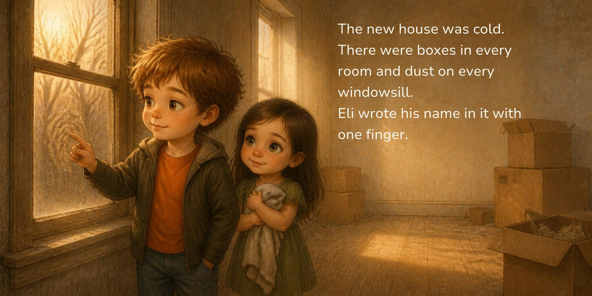 Inside The House We Gave Back: Eli writes his name in the dust on the window of the cold new house while Olive hugs her blanket