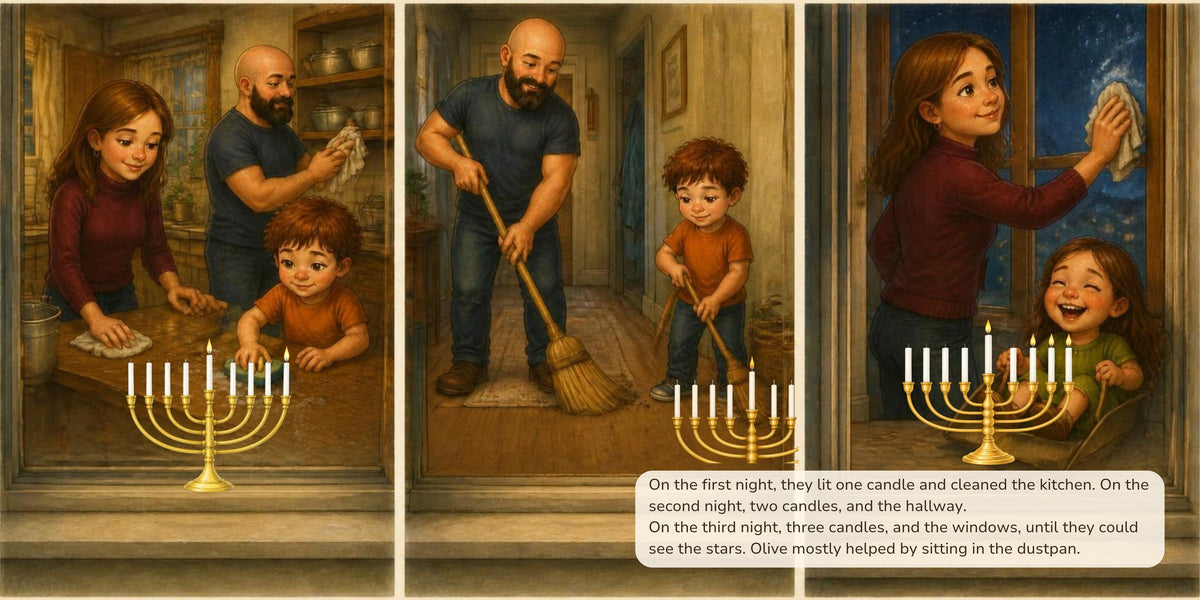 Inside The House We Gave Back: night by night the family lights the hanukkiah and cleans the kitchen, the hallway and the windows
