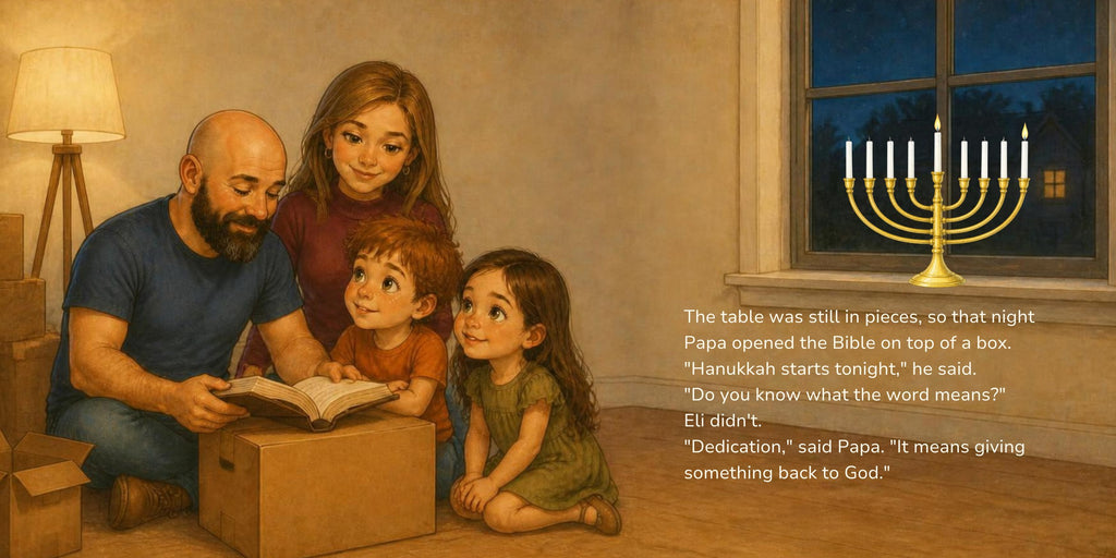 Inside The House We Gave Back: Papa reads the Bible on a moving box and tells Eli that Hanukkah means dedication