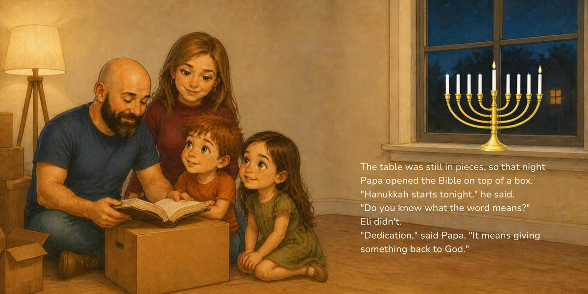 Inside The House We Gave Back: Papa reads the Bible on a moving box and tells Eli that Hanukkah means dedication