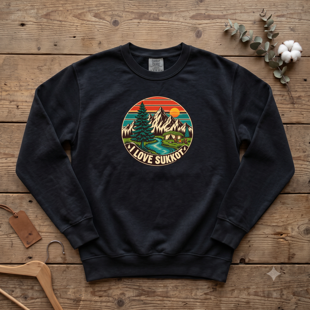 Black I Love Sukkot sweatshirt with a round mountain, pine tree and river camping scene, laid flat on a wooden table