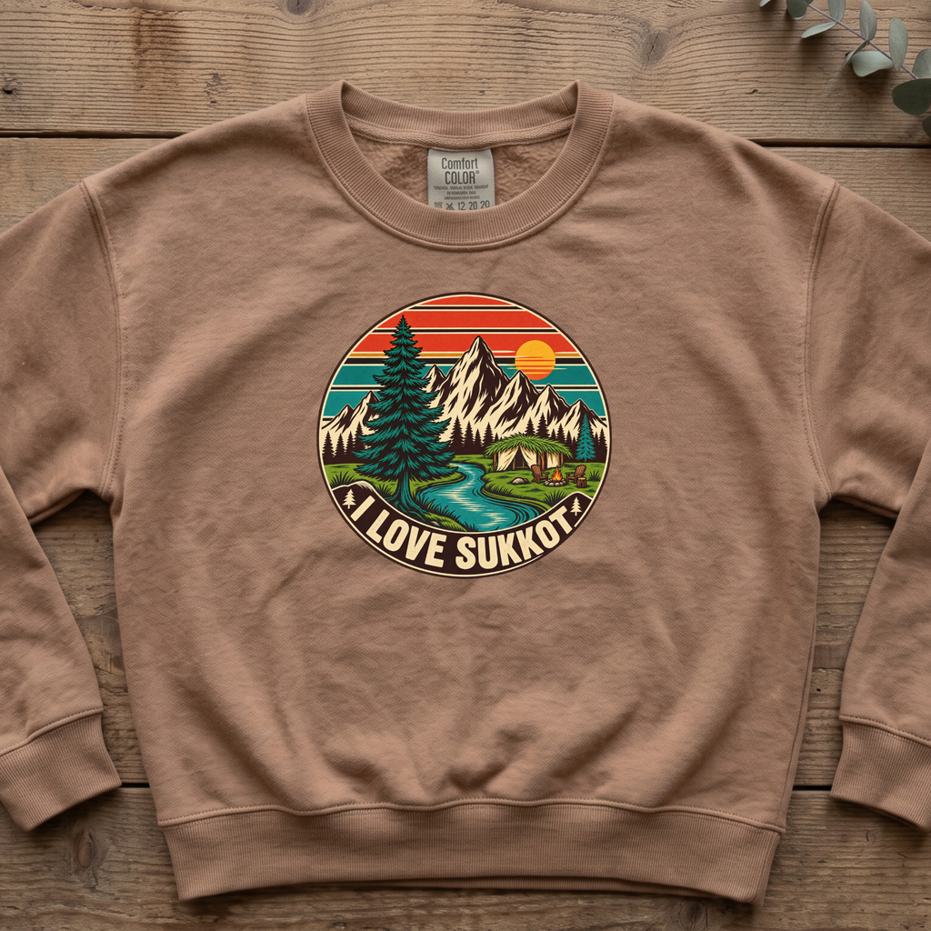 Espresso I Love Sukkot sweatshirt with a round mountain, pine tree and river camping scene, laid flat on a wooden table