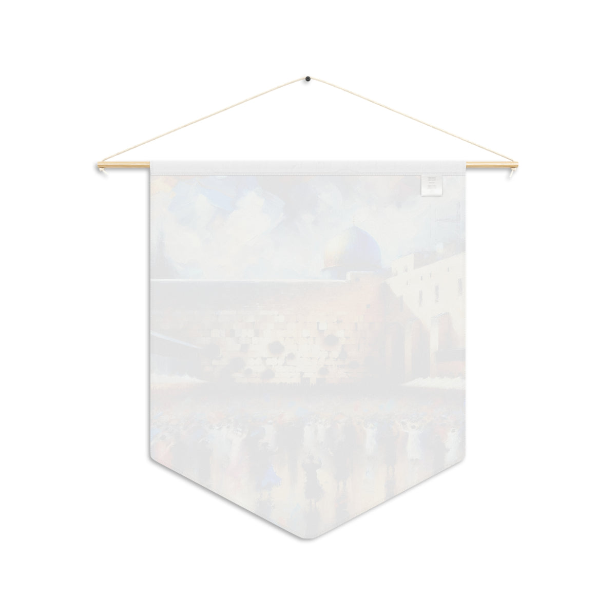 Back of the Western Wall wall pennant, with the print showing faintly through the white fabric