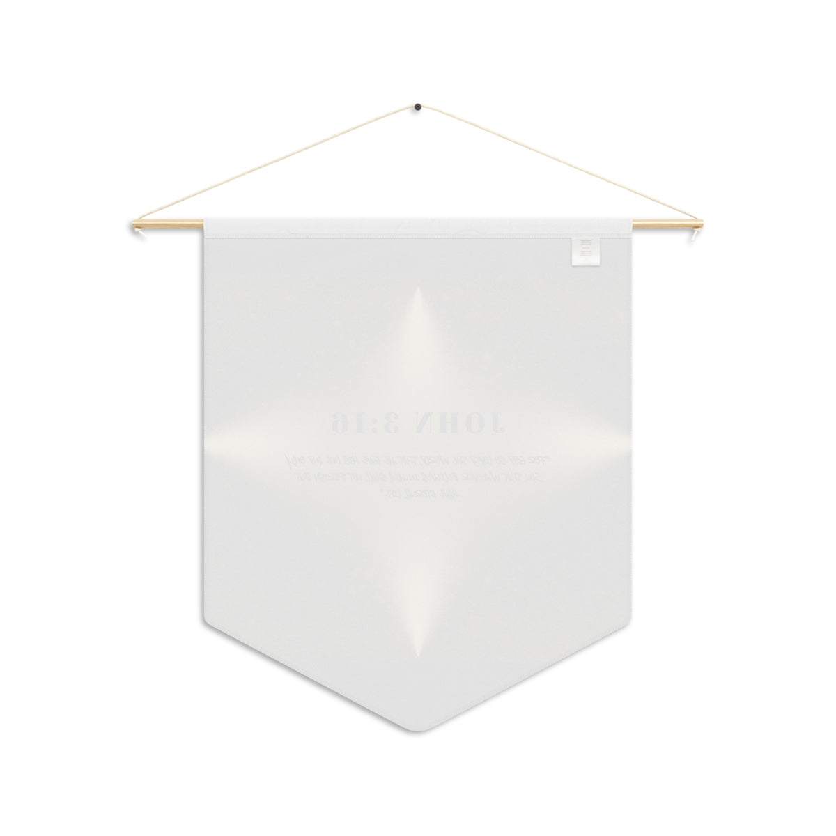 Back of the John 3:16 wall pennant, with the print showing faintly through the white fabric
