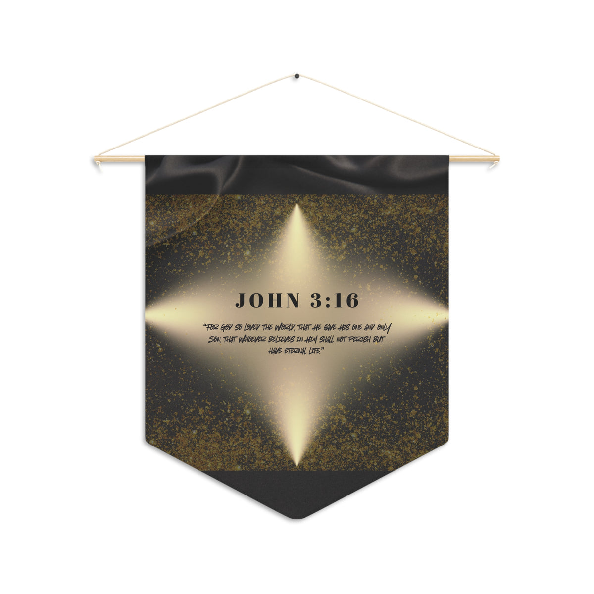 Black and gold John 3:16 wall pennant with a burst of light and gold glitter, shown on a white background