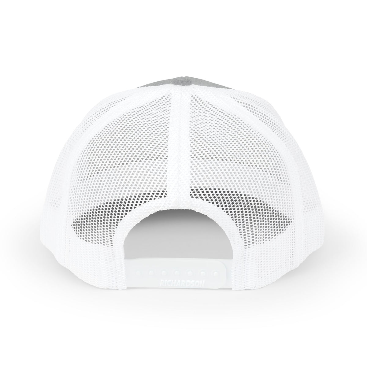 Back view of the heather grey and white Keep the Feast trucker cap showing white mesh and snapback