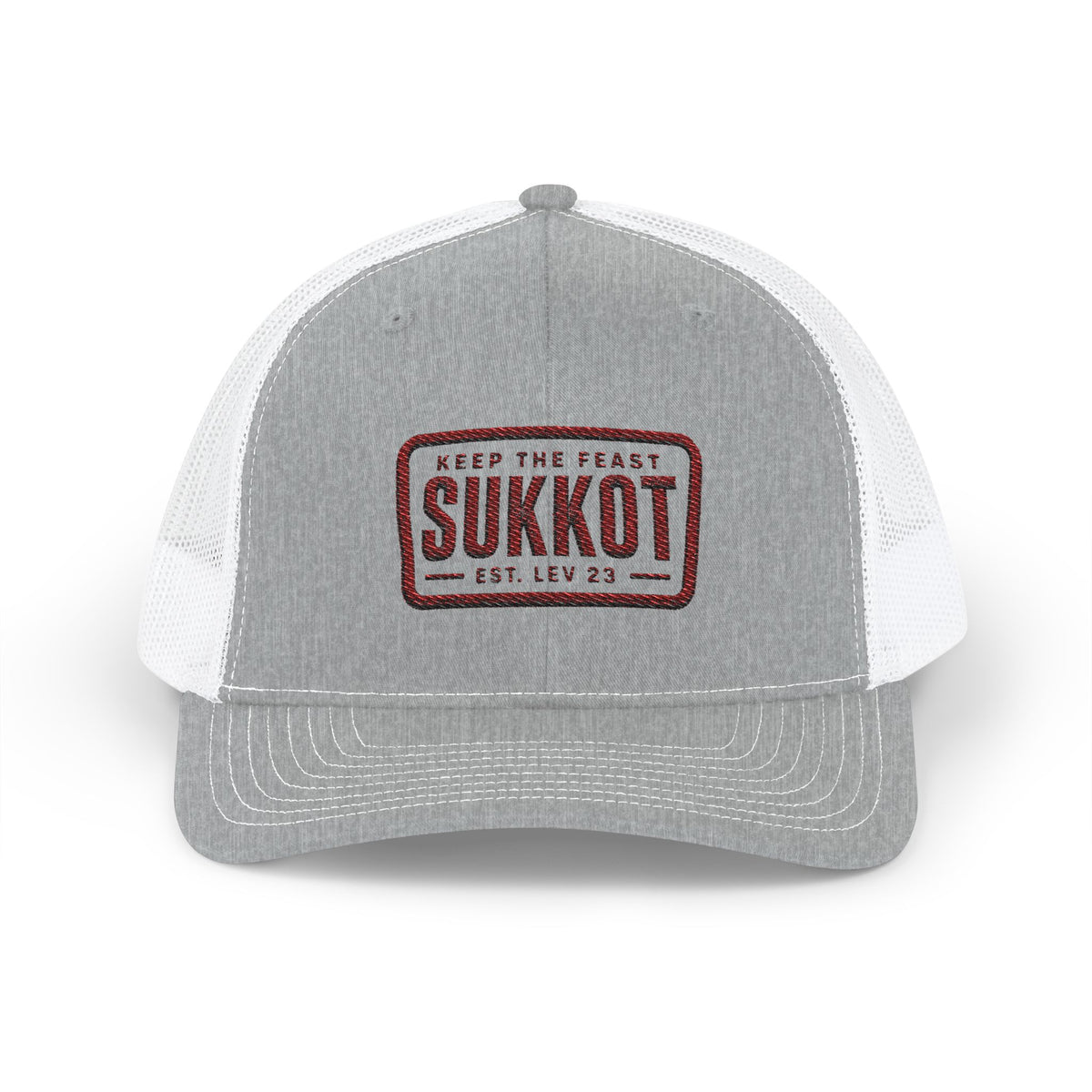 Heather grey and white trucker cap with a maroon Keep the Feast SUKKOT Est. Lev 23 embroidered badge, front view
