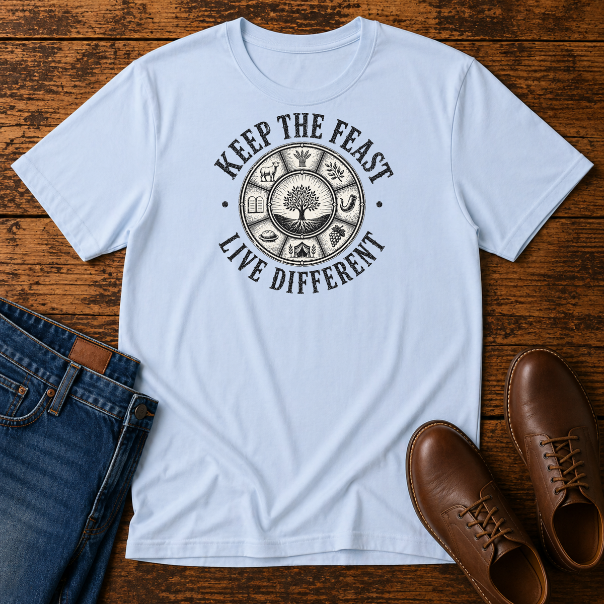 Light blue t-shirt with KEEP THE FEAST LIVE DIFFERENT around a tree and feast-day symbols, laid flat with jeans and brown leather boots
