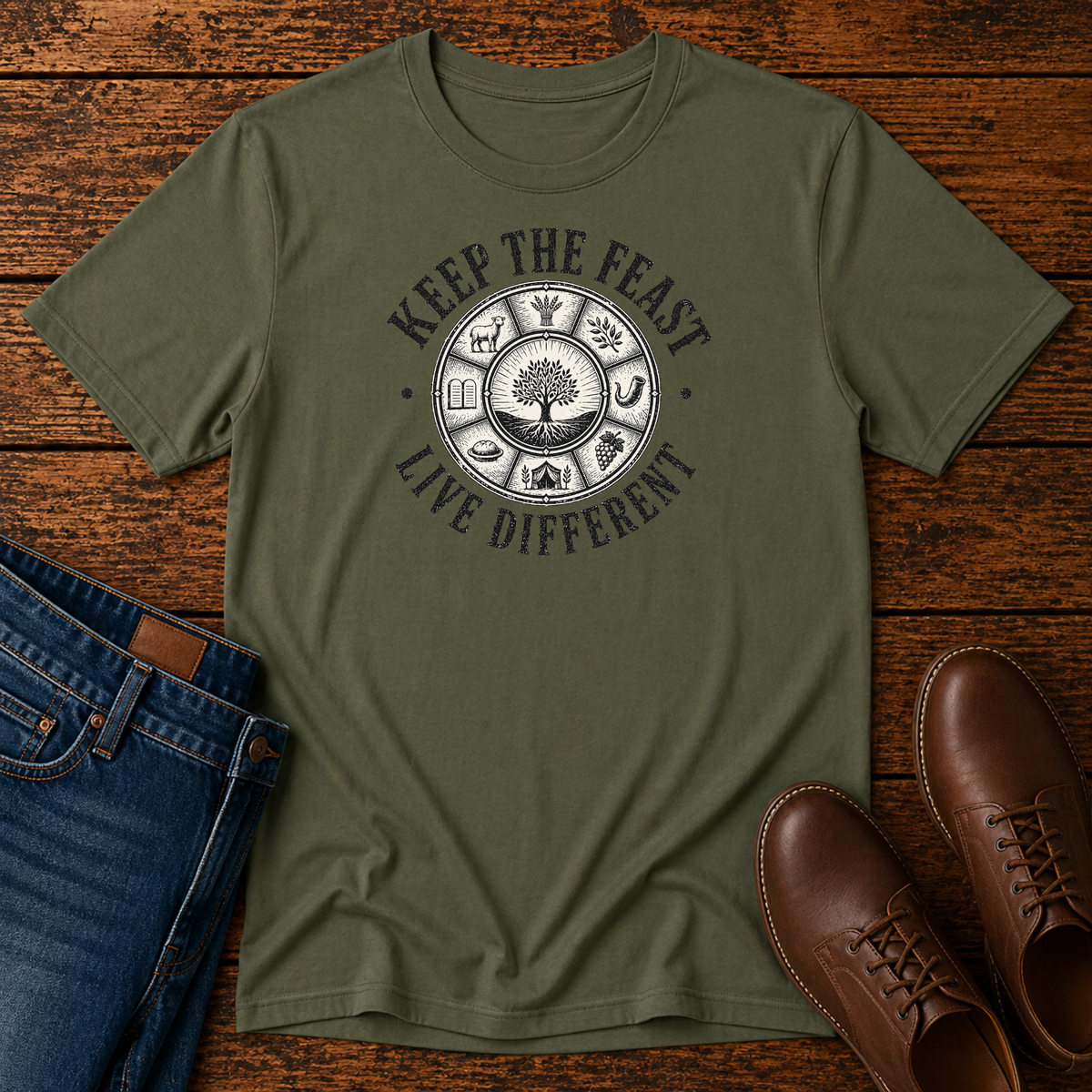 Military green t-shirt with KEEP THE FEAST LIVE DIFFERENT around a tree and feast-day symbols, laid flat with jeans and brown leather boots