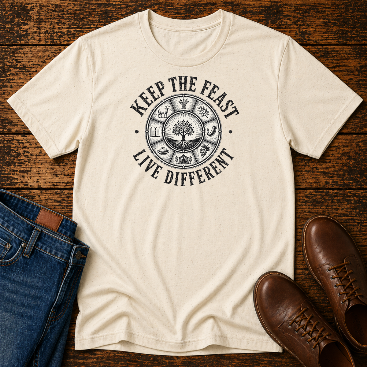 Natural cream t-shirt with KEEP THE FEAST LIVE DIFFERENT around a tree and feast-day symbols, laid flat with jeans and brown leather boots