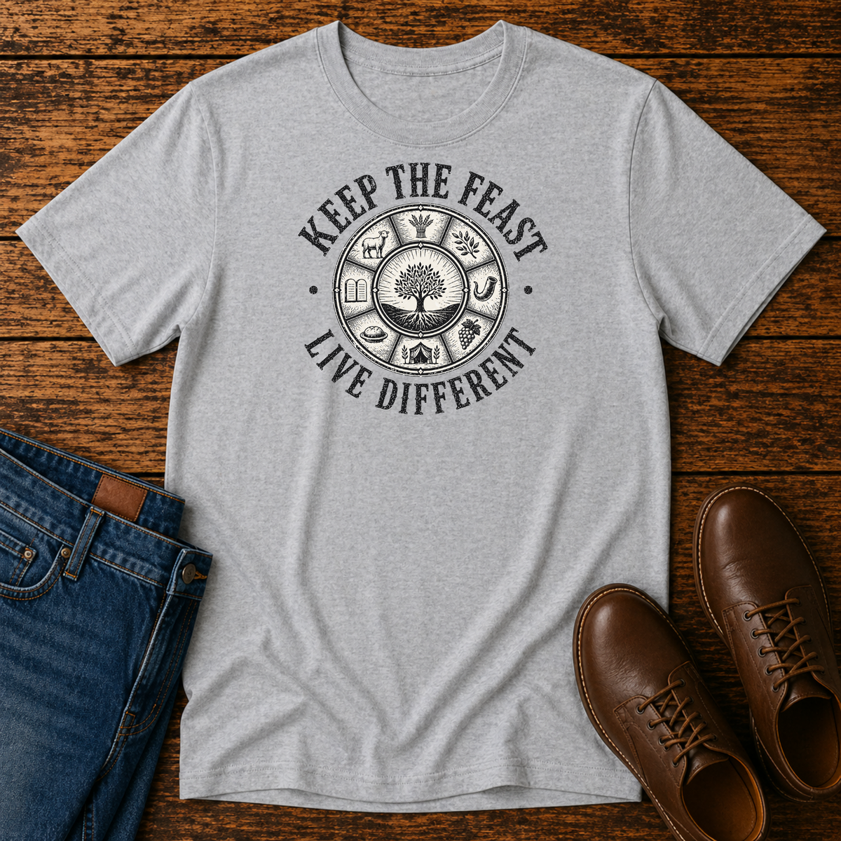 Sport grey t-shirt with KEEP THE FEAST LIVE DIFFERENT around a tree and feast-day symbols, laid flat with jeans and brown leather boots