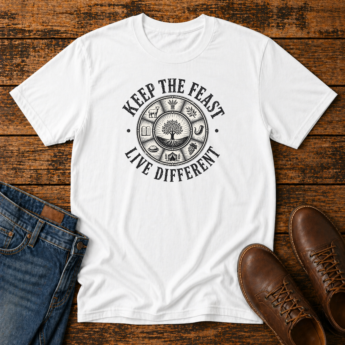 White t-shirt with KEEP THE FEAST LIVE DIFFERENT around a tree and feast-day symbols, laid flat with jeans and brown leather boots