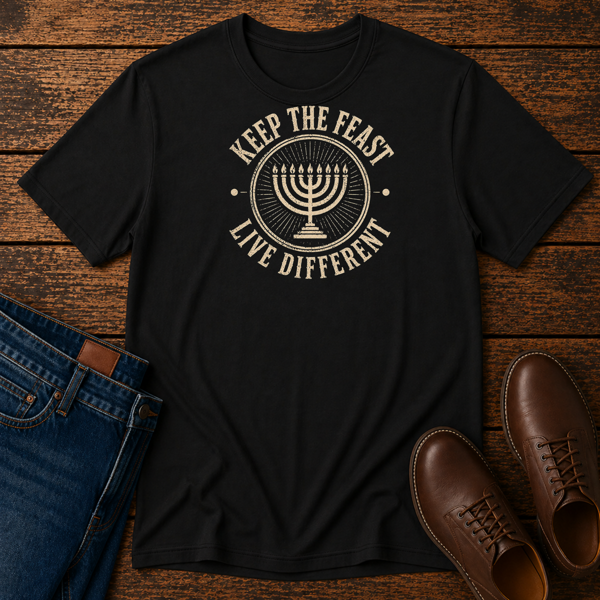 Black t-shirt with a tan seven-branch menorah inside KEEP THE FEAST LIVE DIFFERENT, laid flat with jeans and brown leather boots
