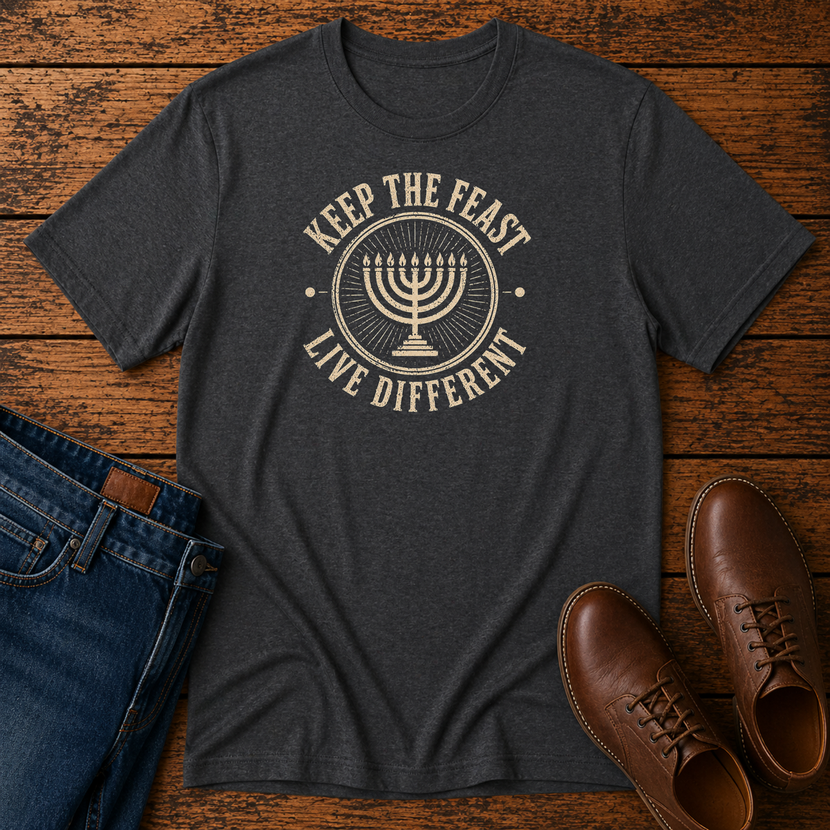 Dark heather gray t-shirt with a tan seven-branch menorah inside KEEP THE FEAST LIVE DIFFERENT, laid flat with jeans and brown leather boots