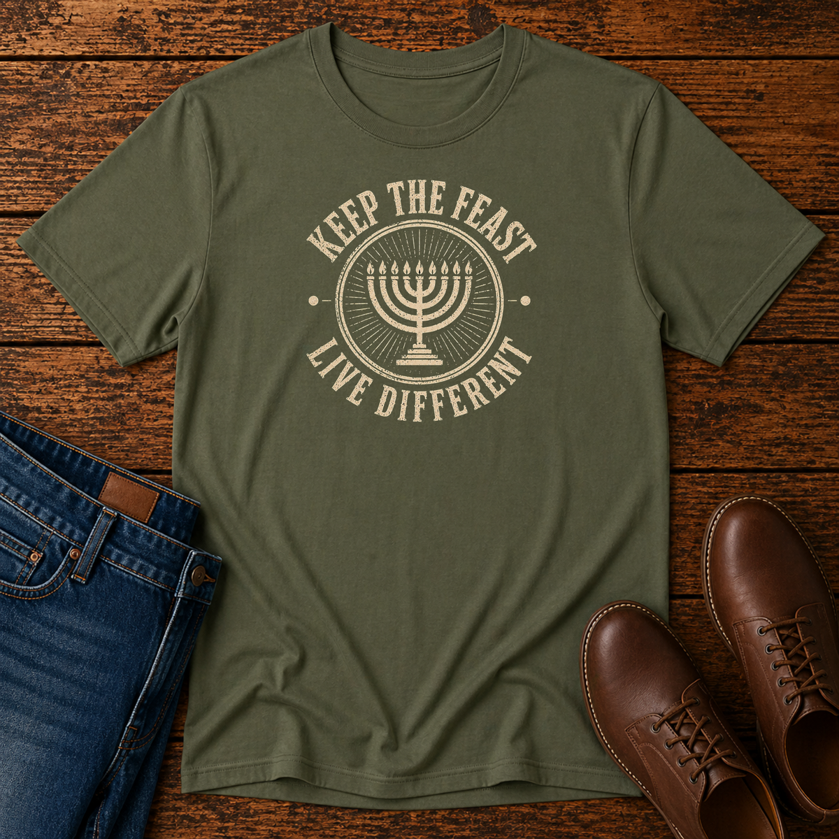 Military green t-shirt with a tan seven-branch menorah inside KEEP THE FEAST LIVE DIFFERENT, laid flat with jeans and brown leather boots