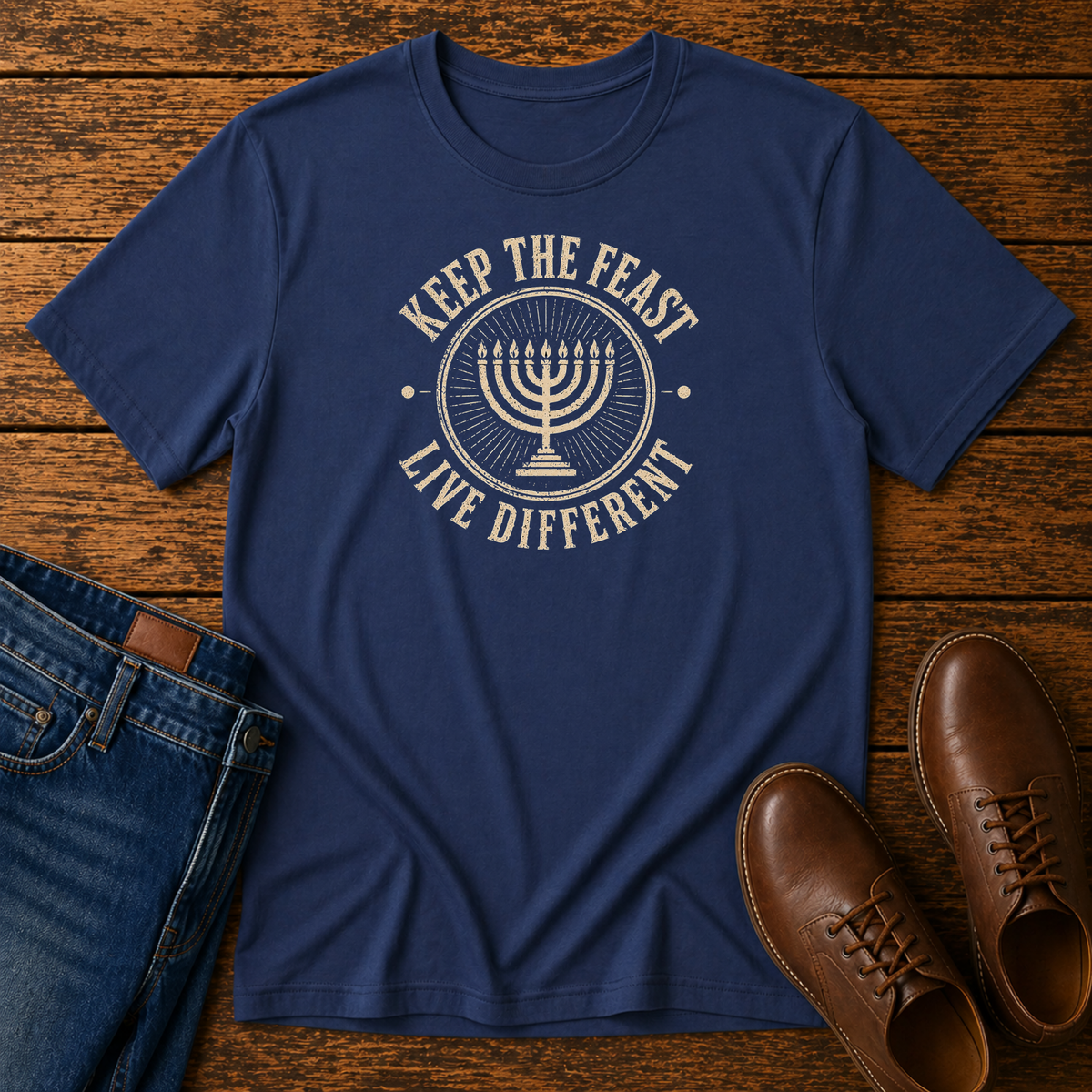 Navy t-shirt with a tan seven-branch menorah inside KEEP THE FEAST LIVE DIFFERENT, laid flat with jeans and brown leather boots