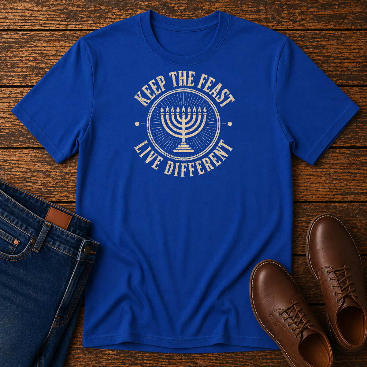 Royal blue t-shirt with a tan seven-branch menorah inside KEEP THE FEAST LIVE DIFFERENT, laid flat with jeans and brown leather boots