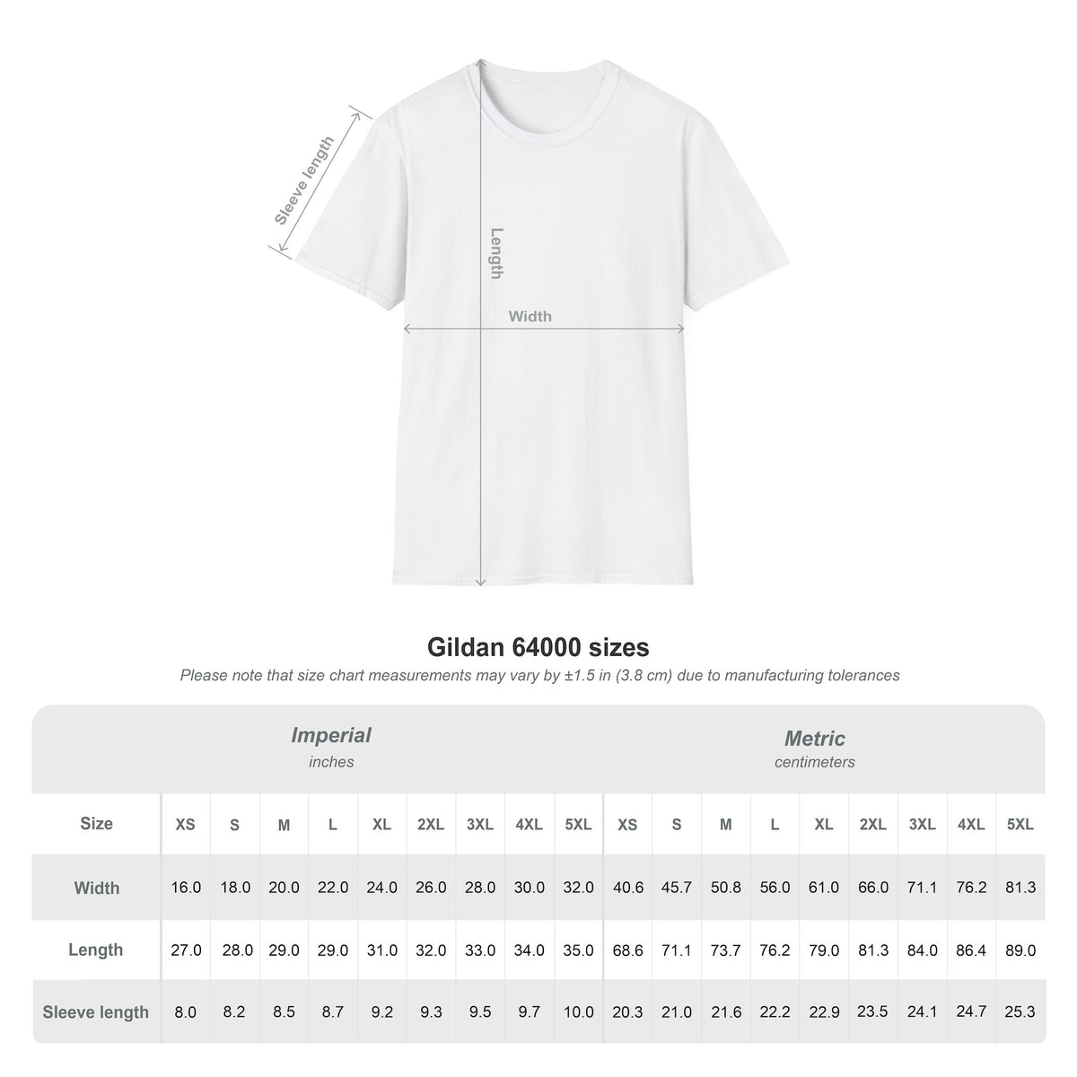 Size chart for the Gildan 64000 unisex t-shirt with width, length and sleeve measurements in inches and centimeters