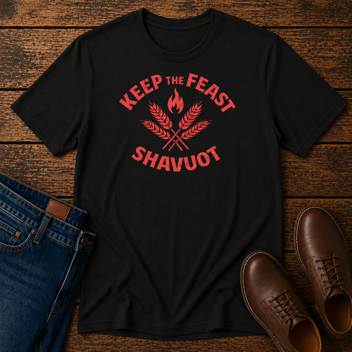 Black Keep the Feast Shavuot tee with red wheat and flame design, laid flat with jeans and brown shoes