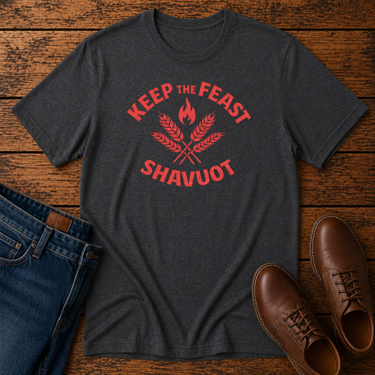 Dark heather Keep the Feast Shavuot tee with red wheat and flame design, laid flat with jeans and brown shoes