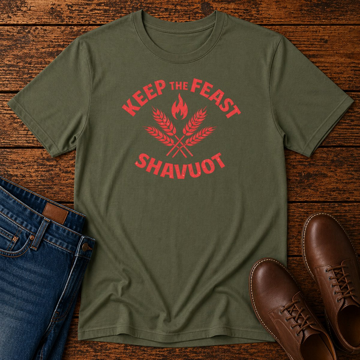 Military green Keep the Feast Shavuot tee with red wheat and flame design, laid flat with jeans and brown shoes