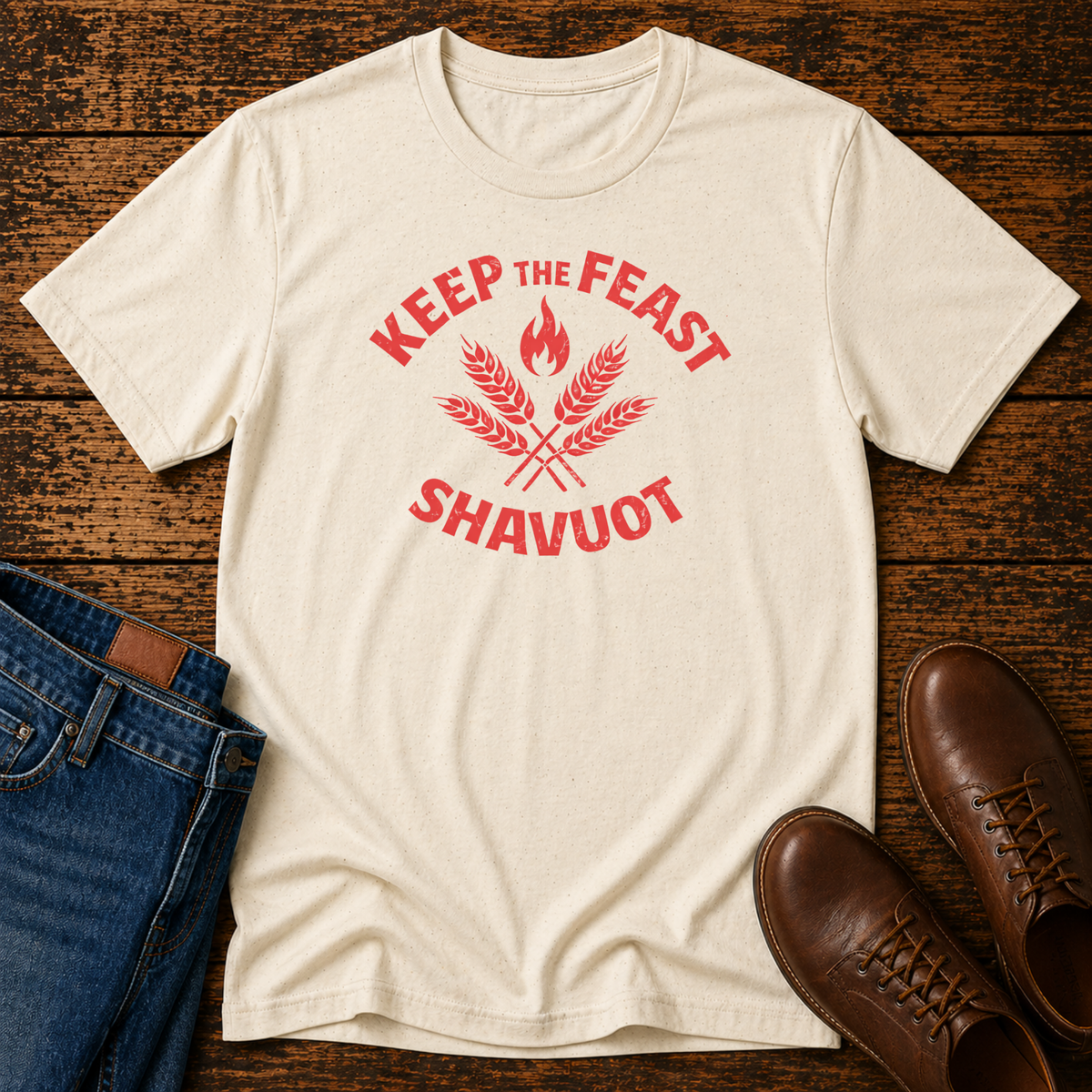 Natural Keep the Feast Shavuot tee with red wheat and flame design, laid flat with jeans and brown shoes