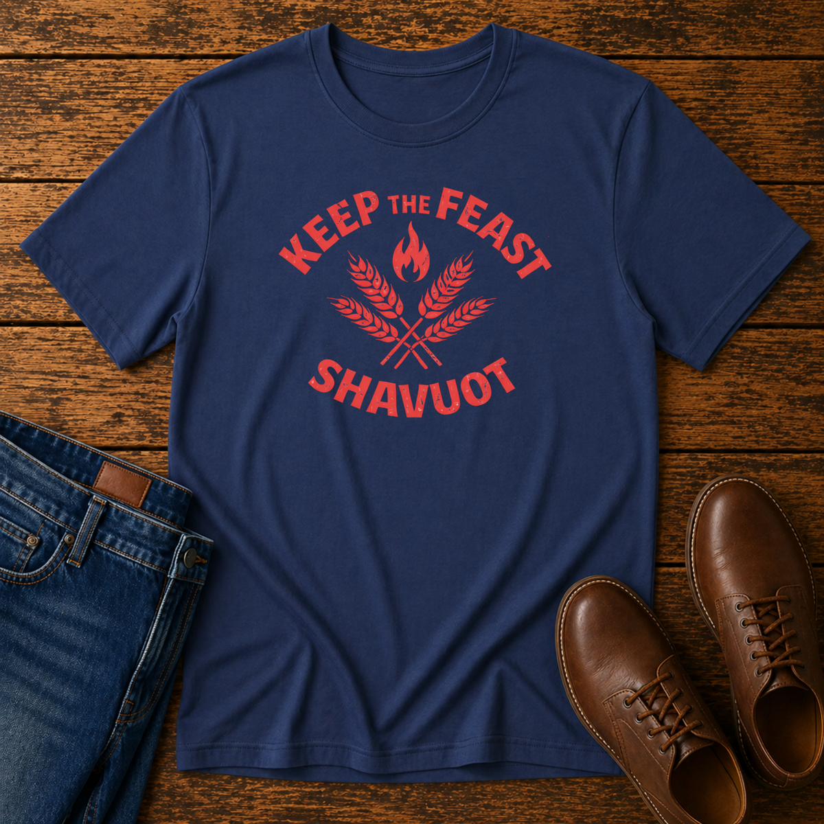 Navy Keep the Feast Shavuot tee with red wheat and flame design, laid flat with jeans and brown shoes