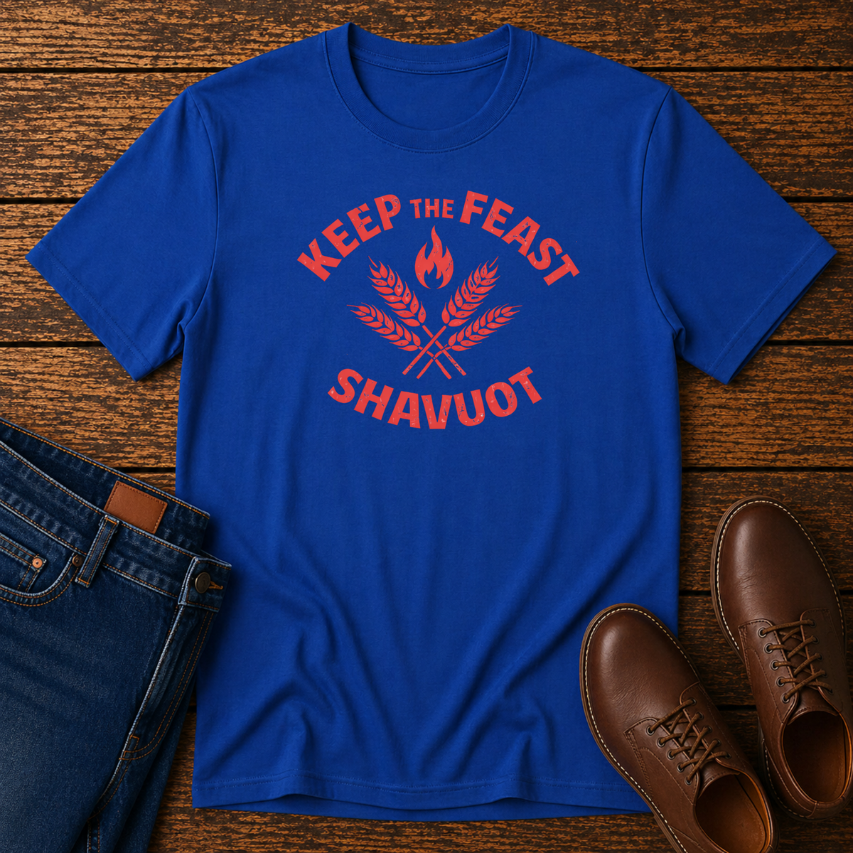 Royal blue Keep the Feast Shavuot tee with red wheat and flame design, laid flat with jeans and brown shoes
