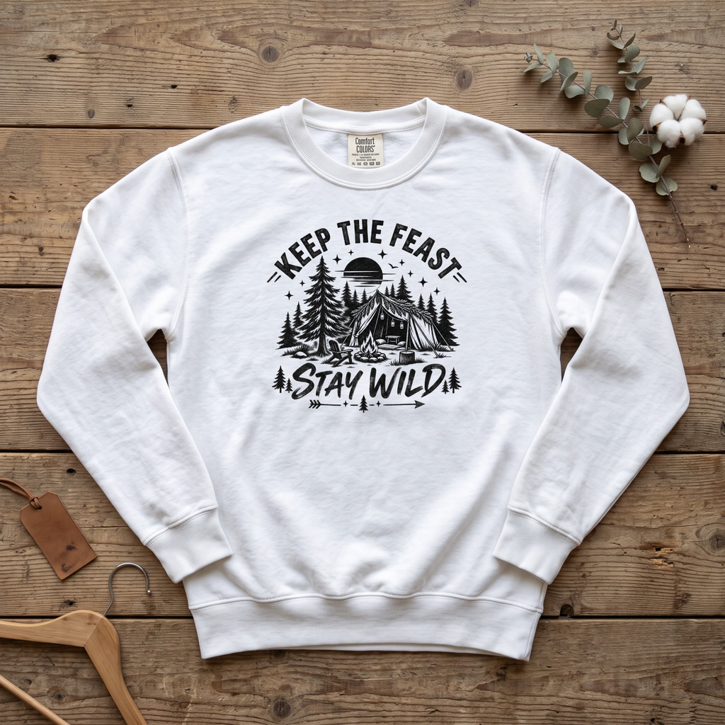 White Keep the Feast Stay Wild sweatshirt with a campfire, tent and pine trees, laid flat on a wooden table