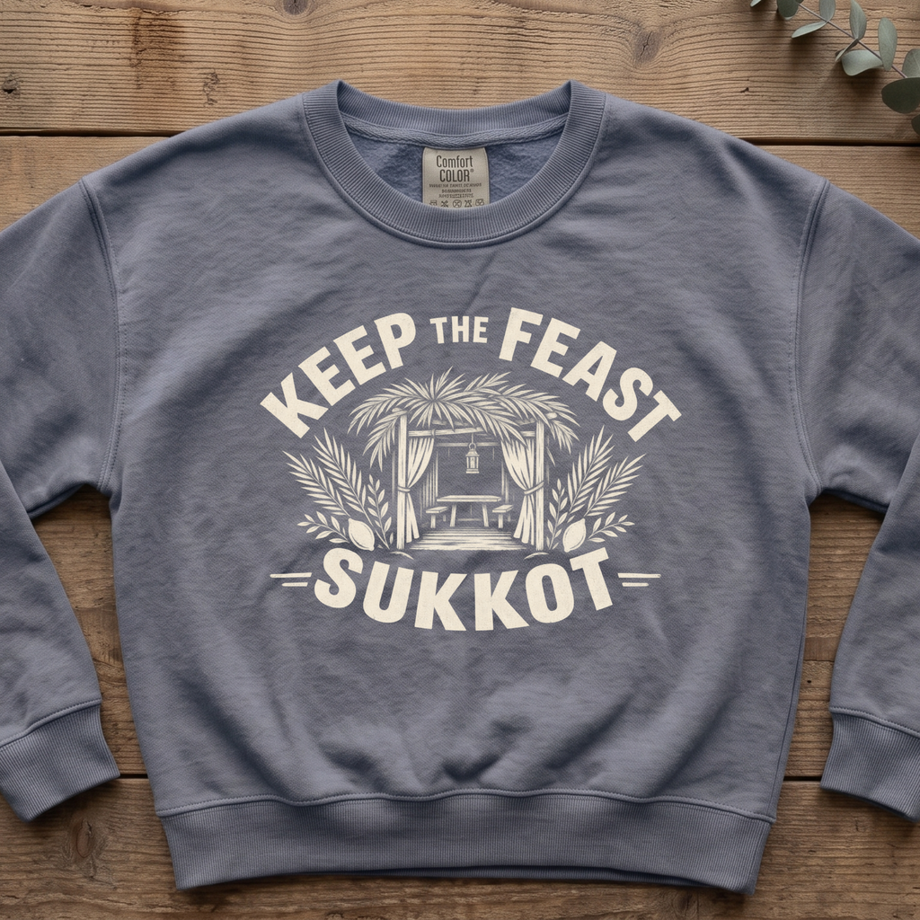 Blue jean Keep the Feast SUKKOT sweatshirt with a sukkah framed by palm branches, laid flat on a wooden table