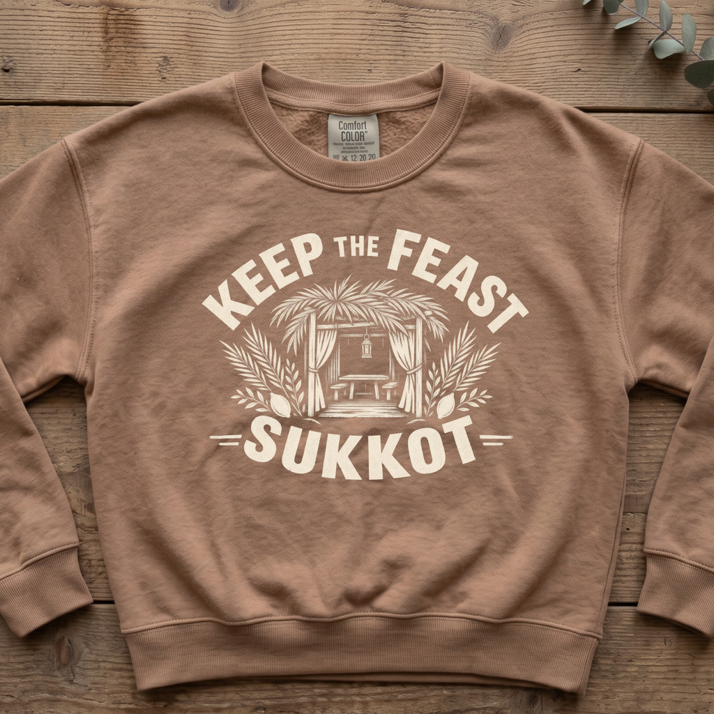 Espresso Keep the Feast SUKKOT sweatshirt with a sukkah framed by palm branches, laid flat on a wooden table