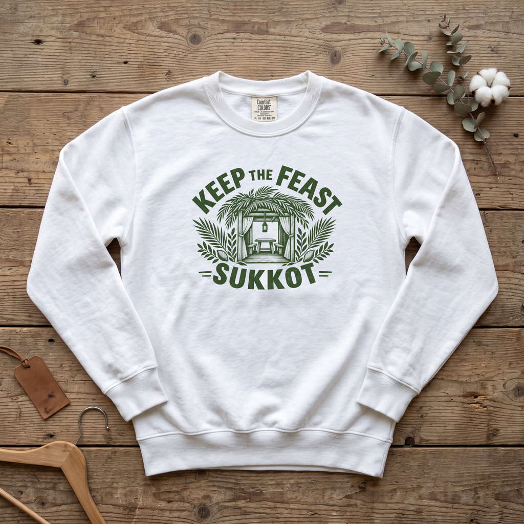White Keep the Feast SUKKOT sweatshirt with a sukkah framed by palm branches, laid flat on a wooden table