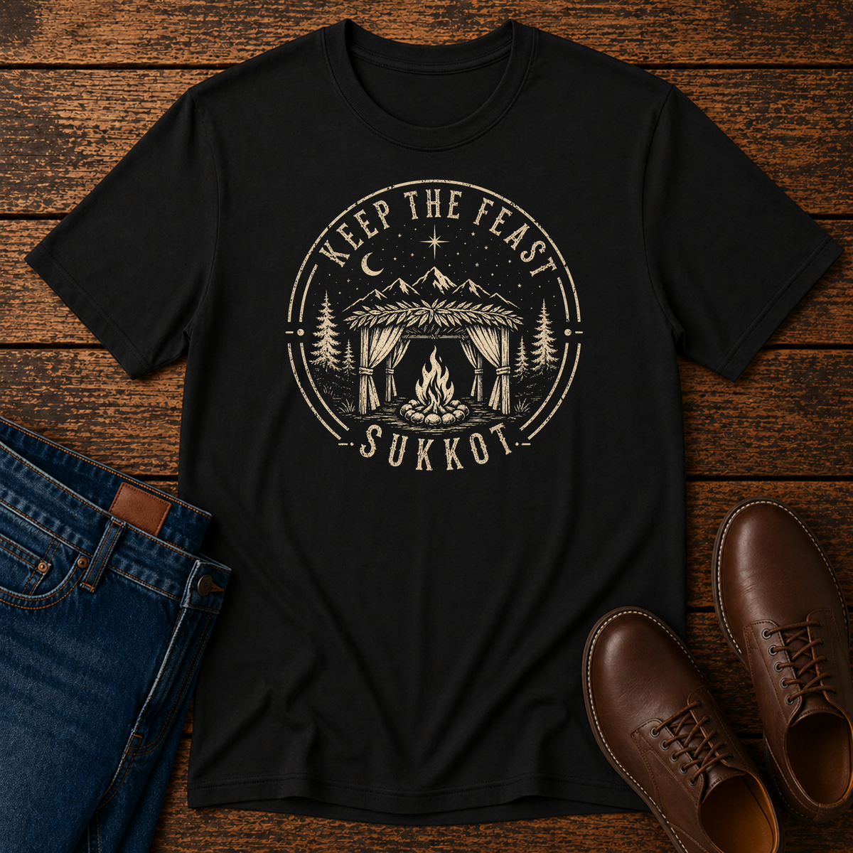 Black t-shirt with a cream KEEP THE FEAST SUKKOT badge with a sukkah and campfire, laid flat with jeans and brown leather boots