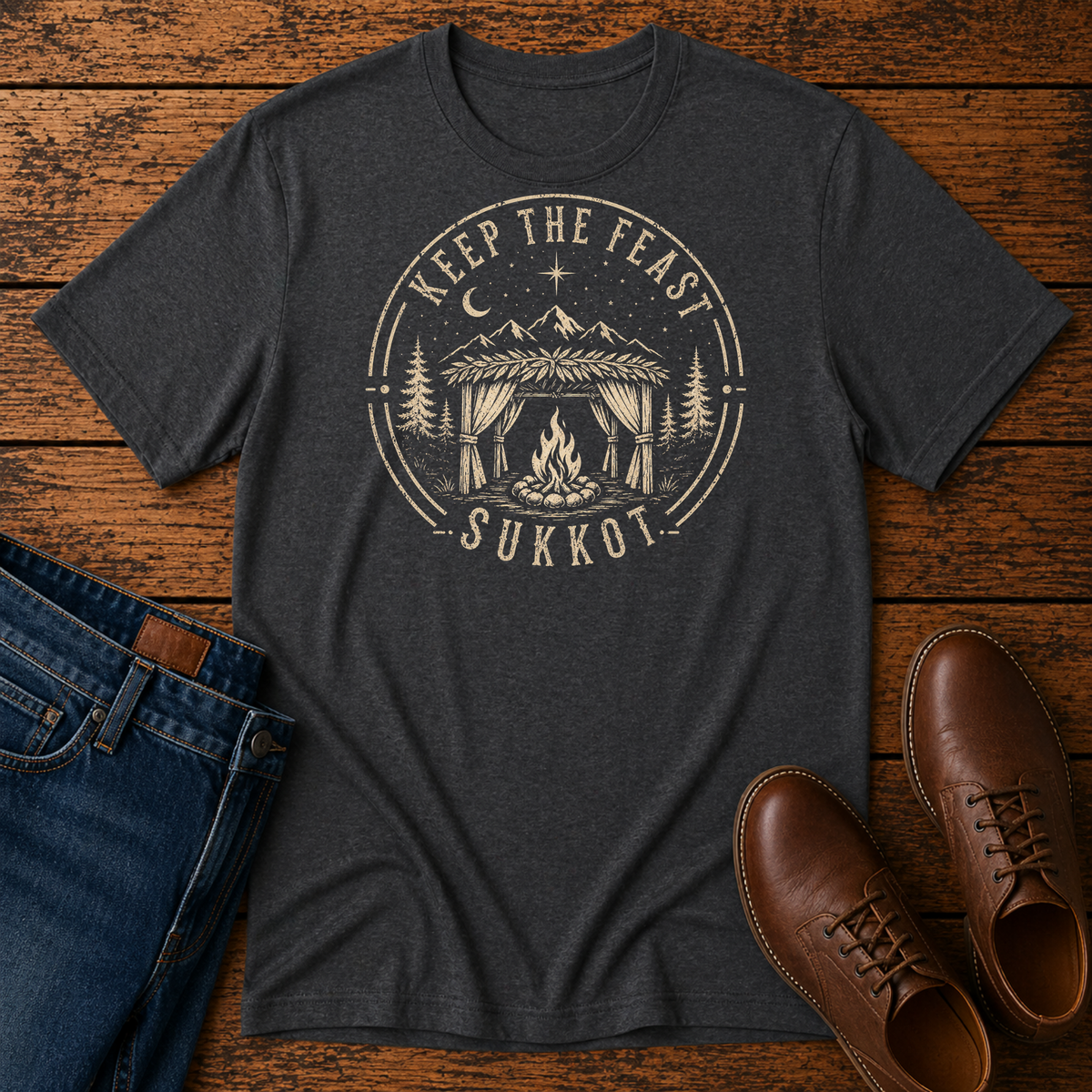 Dark heather gray t-shirt with a cream KEEP THE FEAST SUKKOT badge with a sukkah and campfire, laid flat with jeans and brown leather boots