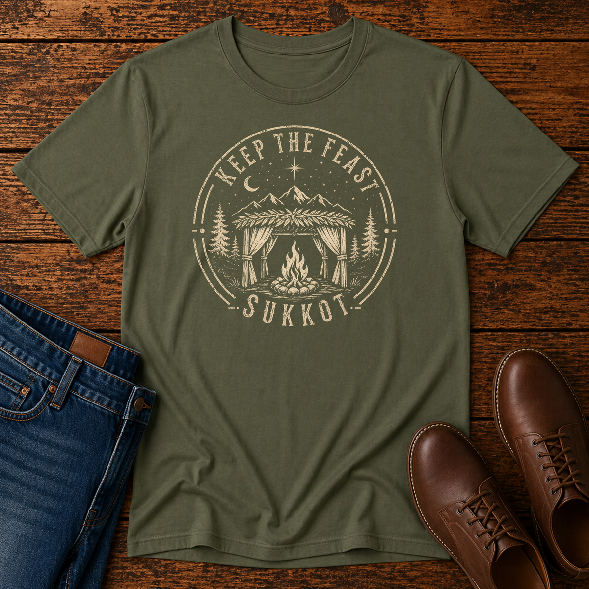 Military green t-shirt with a cream KEEP THE FEAST SUKKOT badge with a sukkah and campfire, laid flat with jeans and brown leather boots