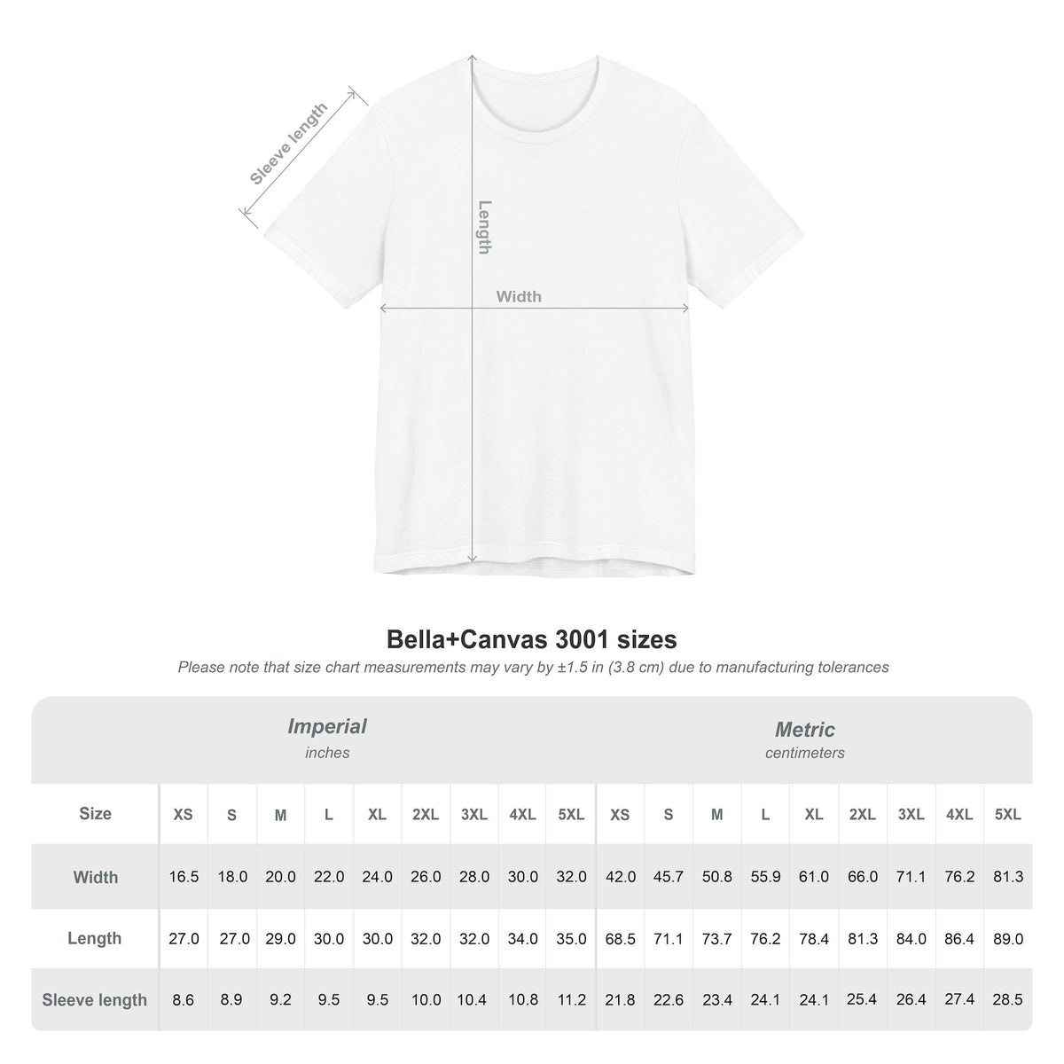 Size chart for the Bella+Canvas 3001 unisex t-shirt in inches and centimeters