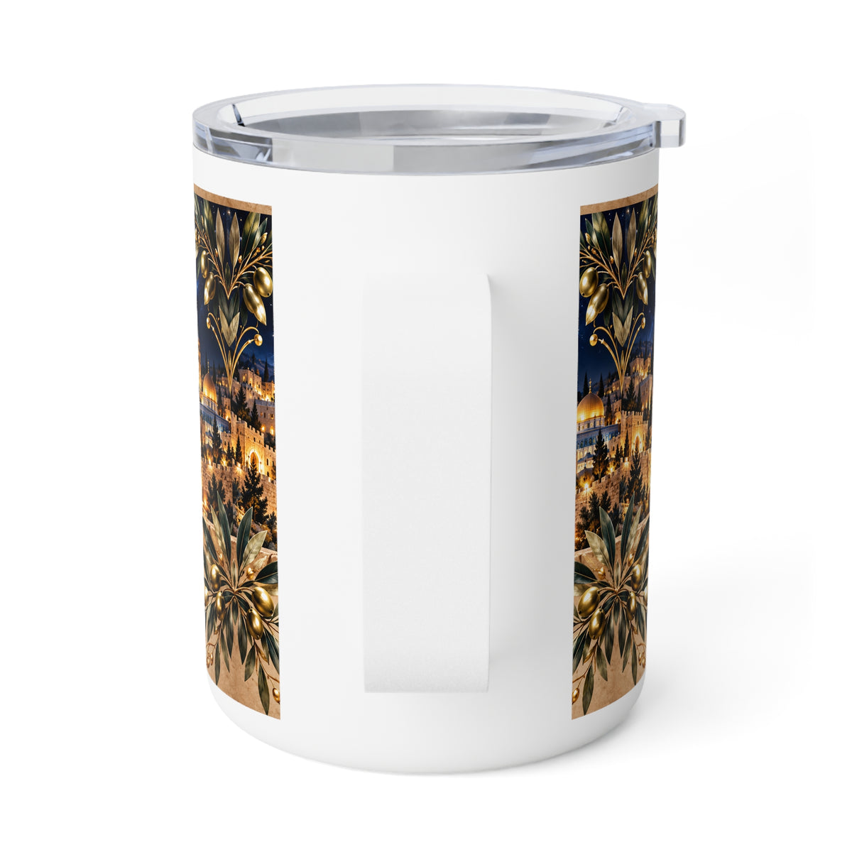 Back view of the Light of the World Hanukkah insulated mug showing the handle and olive branch edges