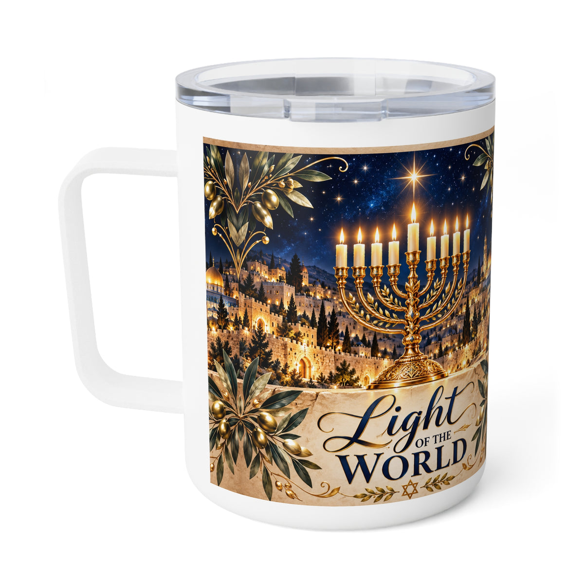 Light of the World Hanukkah mug with a lit golden hanukkiah over Jerusalem, handle on the left