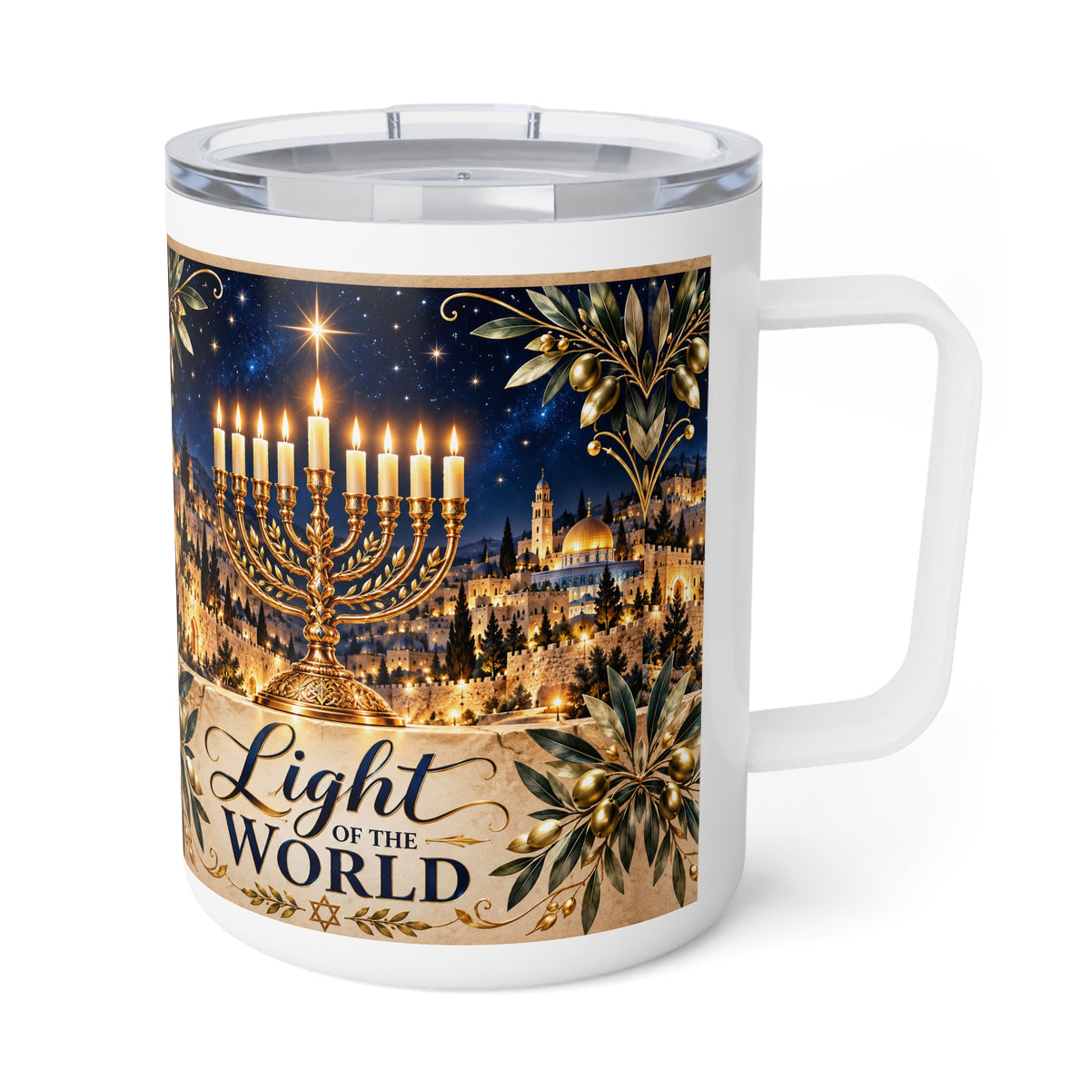 Light of the World Hanukkah mug with a golden hanukkiah, Jerusalem at night and olive branches, handle right