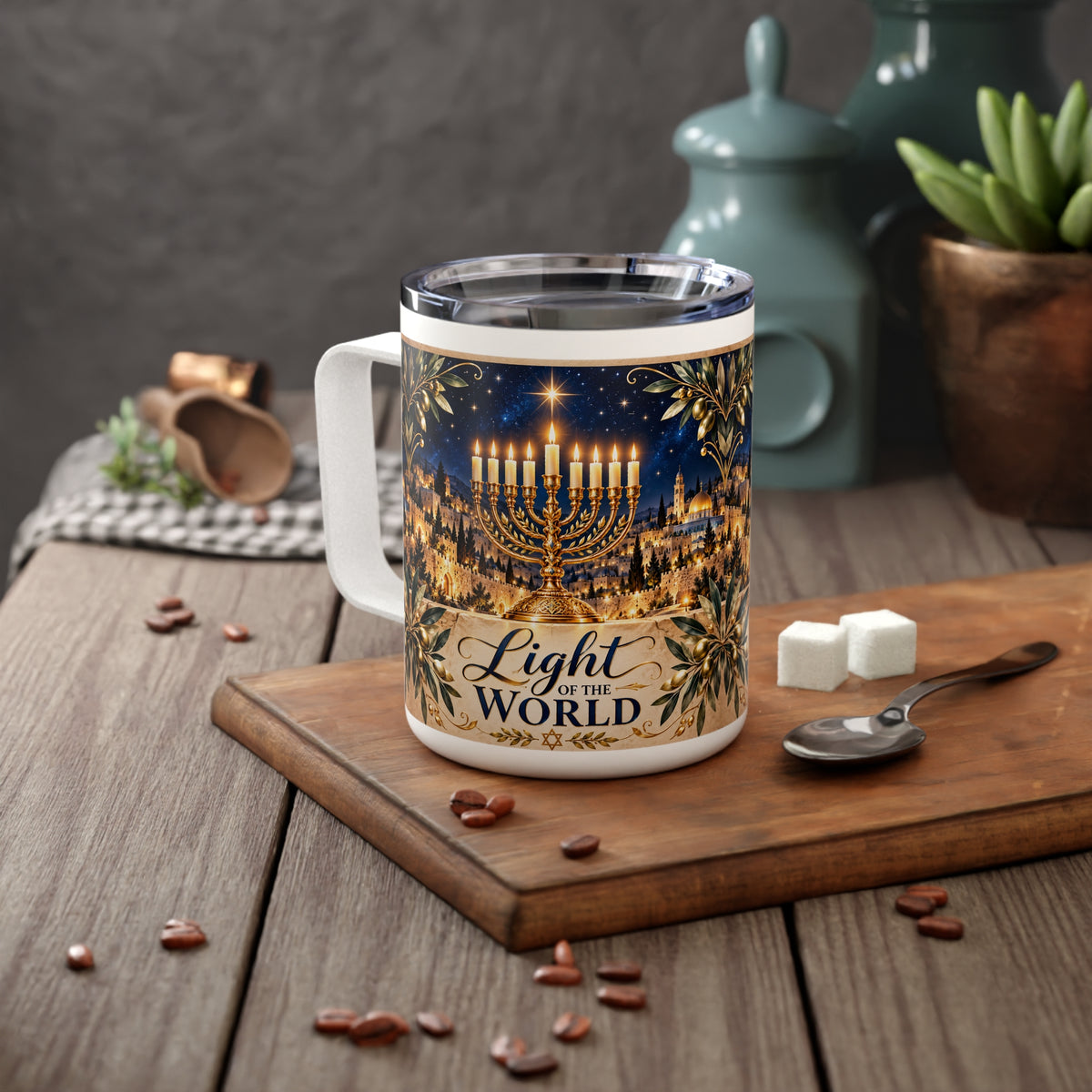 Light of the World Hanukkah insulated mug with a golden hanukkiah over Jerusalem, on a wooden board