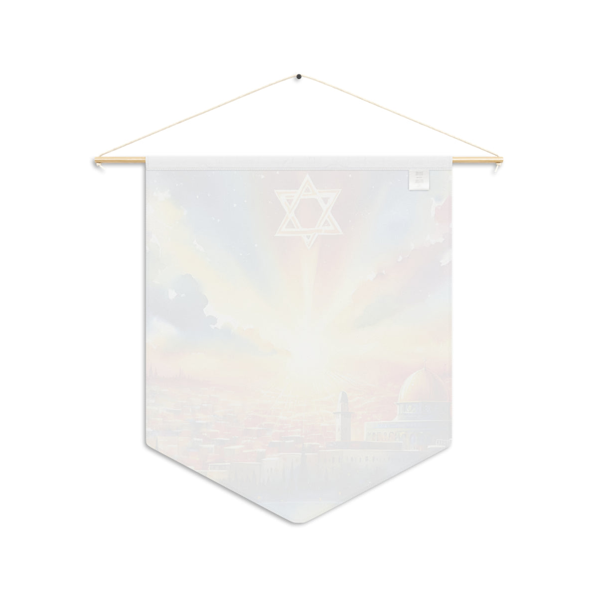 Back view of the Light Over Jerusalem pennant showing the white reverse with the design faintly visible