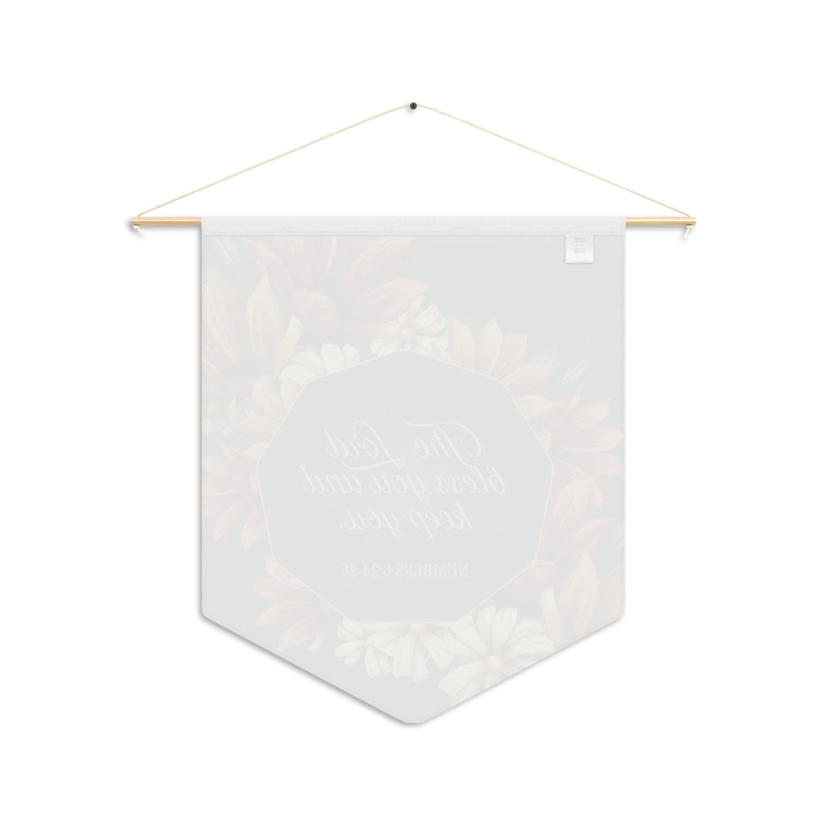 Back of the Lord Bless You wall pennant, with the print showing faintly through the white fabric
