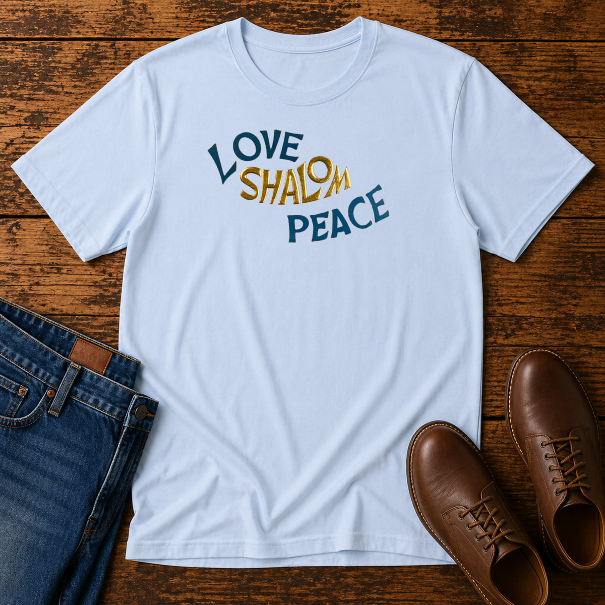 Light blue t-shirt with LOVE SHALOM PEACE in wavy blue and gold lettering, laid flat with jeans and brown leather boots