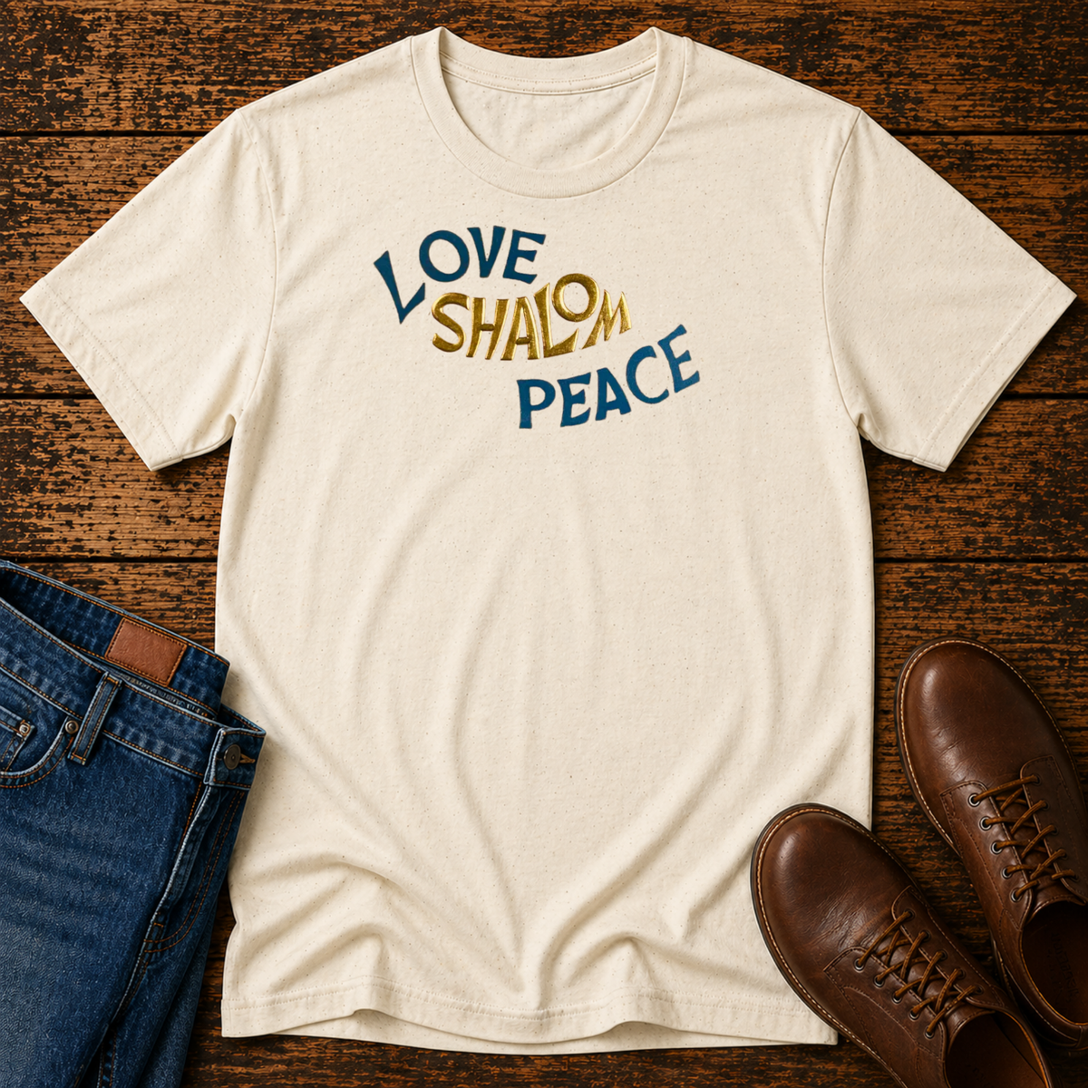 Natural cream t-shirt with LOVE SHALOM PEACE in wavy blue and gold lettering, laid flat with jeans and brown leather boots