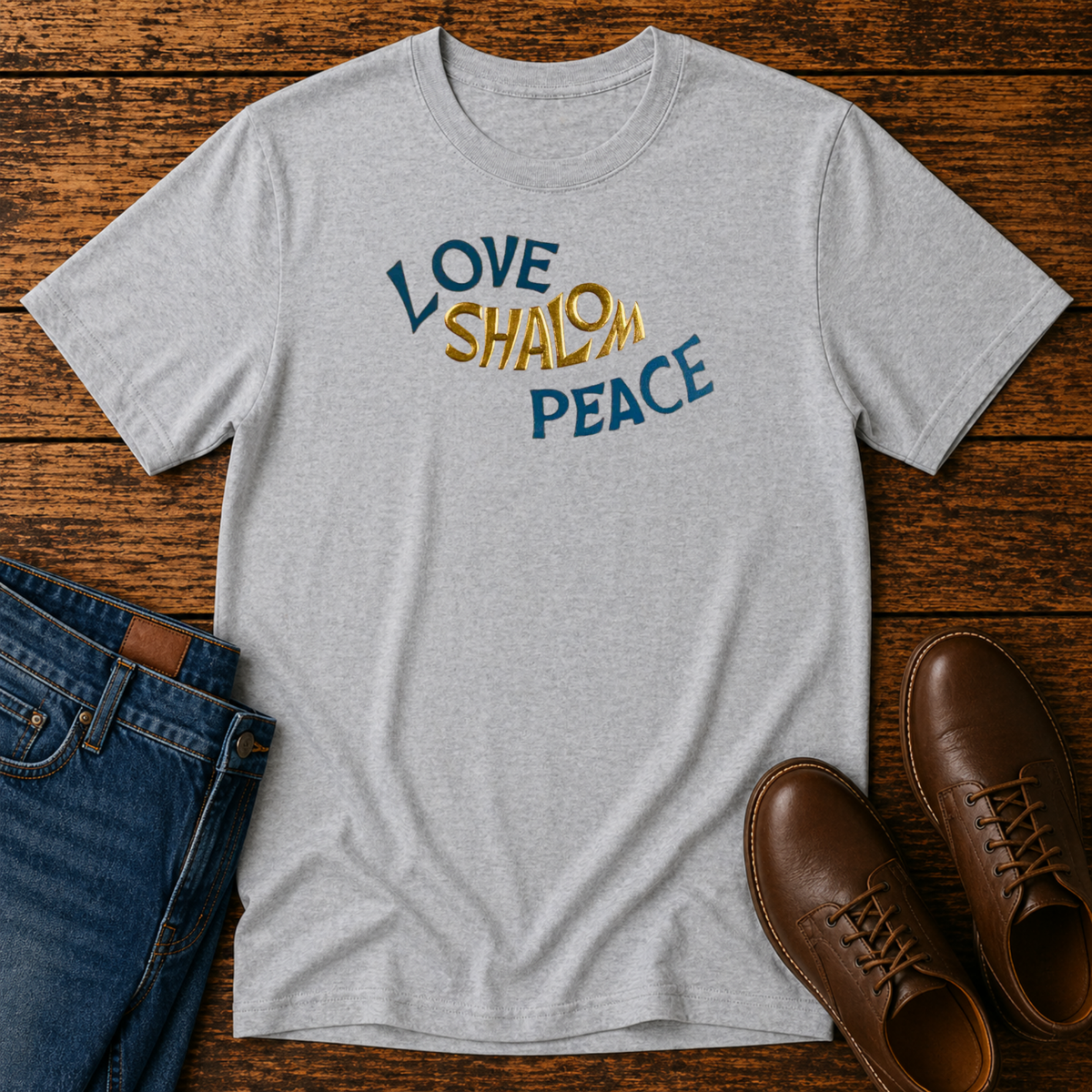 Sport grey t-shirt with LOVE SHALOM PEACE in wavy blue and gold lettering, laid flat with jeans and brown leather boots