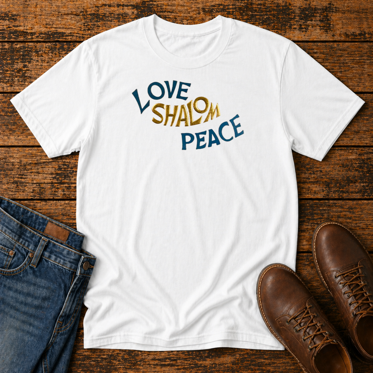 White t-shirt with LOVE SHALOM PEACE in wavy blue and gold lettering, laid flat with jeans and brown leather boots